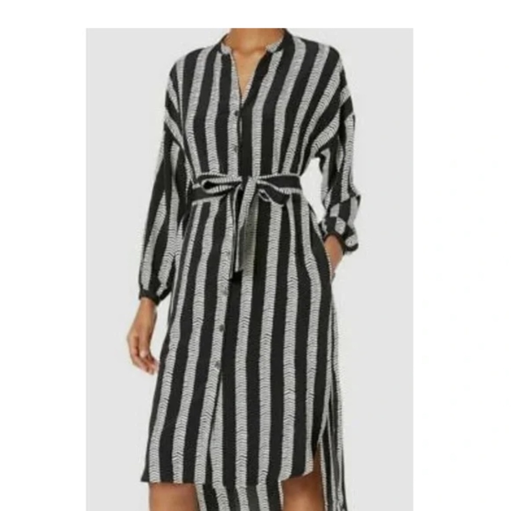 DUBGEE By Whoopi Button Black White Long Sleeve Hi-Low Belted Tunic Dress SZ-2X